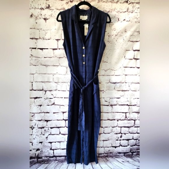 Anthropologie Jumpsuit Brielle Plaid Collar Button Sleeveless Blue - Size M NWT - Picture 2 of 12